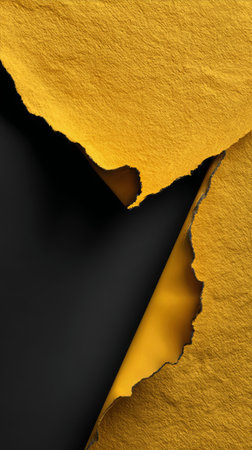 Two sheets of paper, one black and one yellow, are torn apart, revealing a bold contrast between the colors. The ripping adds texture and visual interest to the surface..の素材