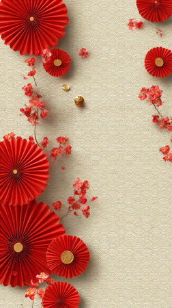 Decorative red fans and gold coins are beautifully arranged with delicate flowers on a light textured surface, creating a festive atmosphere for celebrations and special occasions..の素材