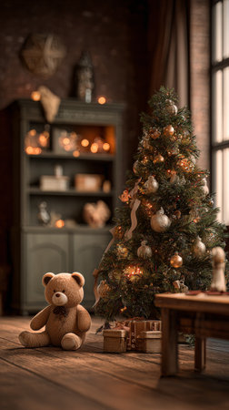 In a warm and inviting room, a beautifully decorated Christmas tree stands beside a plush teddy bear. Twinkling lights and wrapped gifts create a cheerful holiday atmosphere..の素材
