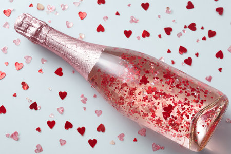 A bottle of pink sparkling wine is surrounded by small, red heart-shaped confetti, creating a festive atmosphere perfect for a romantic celebration..の素材