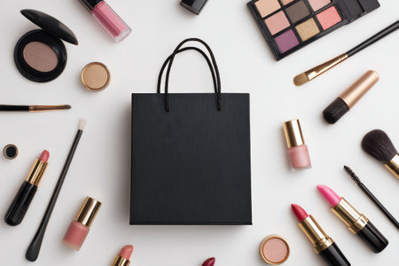 Various beauty products, including lipsticks and eyeshadow palettes, are scattered around a sleek black bag on a clean white background in bright lighting.の素材