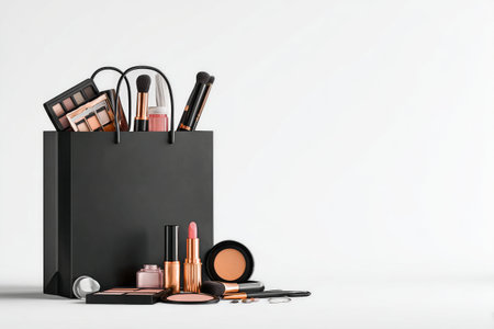 A black shopping bag overflows with an array of makeup items, including eyeshadow palettes, lipsticks, and brushes, showing a trendy collection for beauty lovers.の素材