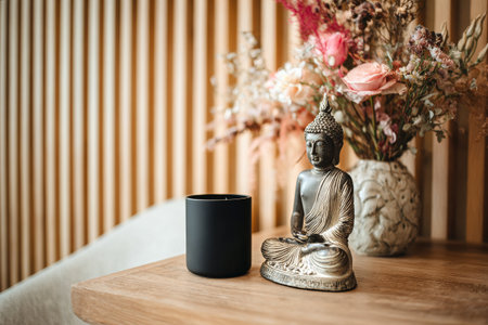 Brightly colored flowers are arranged in a rustic vase next to a smooth black jar. A calm Buddha statue sits nearby, enhancing the peaceful ambiance of this cozy indoor space..の素材