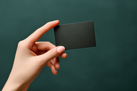 A person holds a blank black business card in their right hand. The focus is on the card, with a textured gray sweater visible, creating a modern, elegant look in a simple setting..の素材