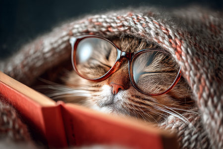 A fluffy cat with glasses relaxes under a knitted blanket, deeply focused on a book. The peaceful setting captures the essence of a quiet, cozy afternoon.の素材