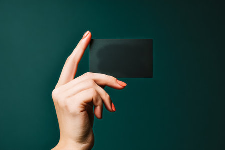 A hand is raised with elegant nails, showcasing a blank card in front of a smooth, dark green backdrop. The setting highlights the simplicity and elegance of the moment.の素材