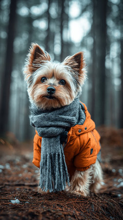 A small dog wears an orange coat and gray scarf while standing in a misty forest filled with tall trees. The ground is covered with brown leaves and twigs.の素材