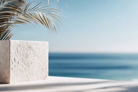 A white, textured pot holds a green palm plant, placed on a ledge overlooking a tranquil ocean and clear blue skies. The peaceful scene inspires relaxation and calm.の素材