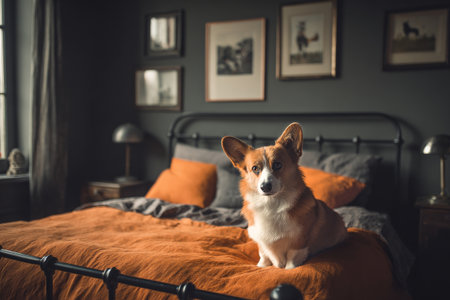 A corgi lies peacefully on a bed covered with an orange blanket, surrounded by a cozy bedroom featuring framed pictures on dark walls..の素材