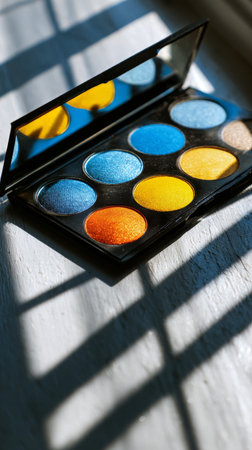 A vibrant eye shadow palette rests on a flat surface, displaying shades of blue and gold. Soft shadows from nearby plants add an artistic touch to the scene, enhancing its beauty..の素材