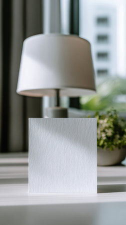 A warm and inviting living area showcases a lamp beside a wooden table. A blank card is placed on the surface, surrounded by soft furnishings. Lush greenery is visible outside..の素材