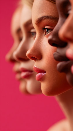 Four women of different ethnic backgrounds stand side by side, showing their profiles. Their features harmonize beautifully against a soft pink backdrop, emphasizing diversity..の素材