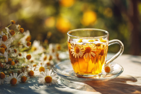 Chamomile tea fills a clear glass cup, decorated with daisies, resting on a table. The vibrant flowers create a serene, sunny atmosphere, perfect for relaxation.の素材