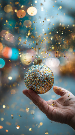 A person gently holds a sparkling ornament above their hand, with shimmering glitter floating and a soft, festive backdrop. It captures the essence of celebration and joy..の素材