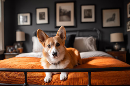 A corgi lies peacefully on a bed covered with an orange blanket, surrounded by a cozy bedroom featuring framed pictures on dark walls.の素材