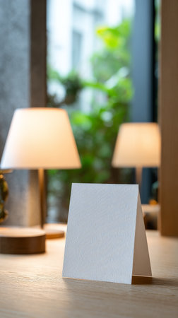 A simple white menu card stands on a wooden table, surrounded by warm lamps. The soft glow and green plants create a relaxing atmosphere, perfect for dining.の素材
