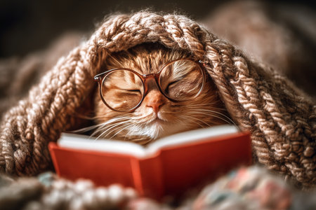 A content cat snuggles under a soft blanket while wearing round glasses, deeply engaged in a book. The scene captures a peaceful, cozy atmosphere at home during a quiet moment..の素材
