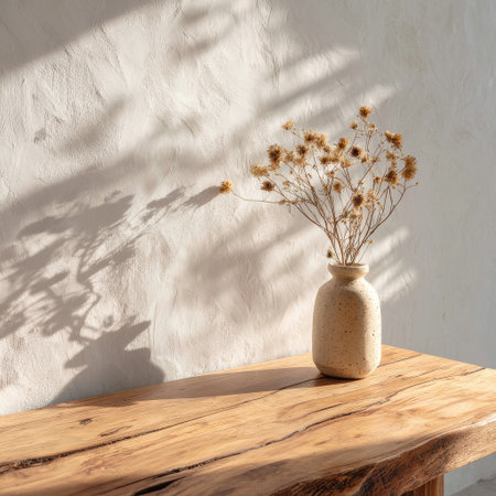 A vase holding dried flowers is displayed on a wooden table. Sunlight shines through a nearby window, casting soft shadows on the wall, creating a warm and inviting atmosphere..の素材