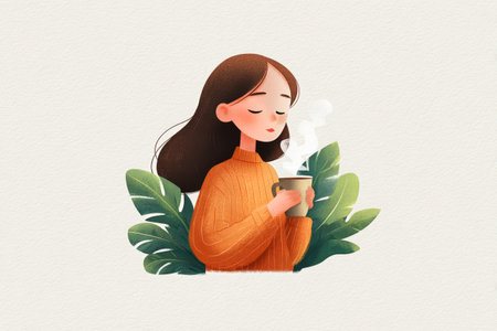 A young woman with long hair relaxes while holding a steaming mug. She wears a warm orange sweater, surrounded by vibrant green leaves, creating a peaceful atmosphere.の素材