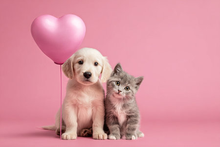 A fluffy golden puppy and an adorable gray kitten sit side by side against a soft pink background, with a pink heart-shaped balloon adding a sweet touch to the scene.の素材