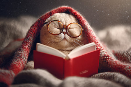 A fluffy cat with glasses relaxes under a knitted blanket, deeply focused on a book. The peaceful setting captures the essence of a quiet, cozy afternoon..の素材