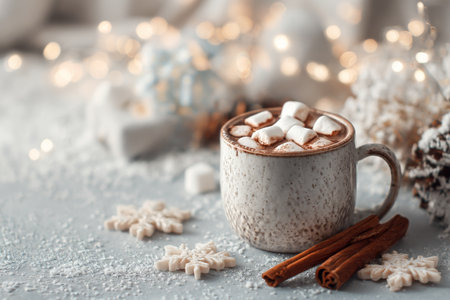 A cozy cup of hot chocolate topped with mini marshmallows sits on a frosty surface, surrounded by holiday decorations, cinnamon sticks, and gingerbread cookies..の素材