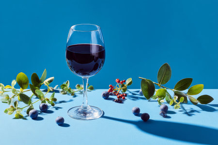 A glass filled with deep red wine sits on a bright blue surface, surrounded by fresh berries and green leaves. The arrangement highlights the natural colors and textures.の素材