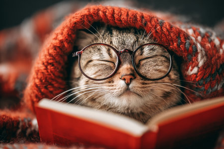A content cat snuggles under a soft blanket while wearing round glasses, deeply engaged in a book. The scene captures a peaceful, cozy atmosphere at home during a quiet moment.の素材