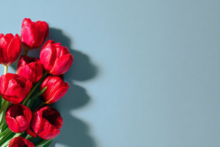 A bunch of bright red tulips is artistically arranged on a soft blue background, showing their vivid color and elegant shape. The simple composition emphasizes their natural beauty.の素材