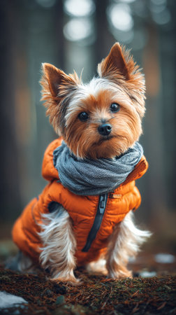 A small dog sits calmly on soft moss in a peaceful forest. The dog is dressed in an orange jacket and looks curiously at the surroundings..の素材