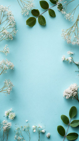 Delicate white flowers and green leaves are beautifully arranged on a light blue background. This setup is ideal for craft projects, invitations, or creative designs.の素材