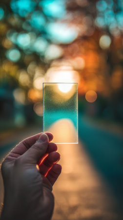 A person holds a clear card up to colorful city lights in the background. The scene captures the contrast between the card and the vibrant bokeh effect of the city..の素材