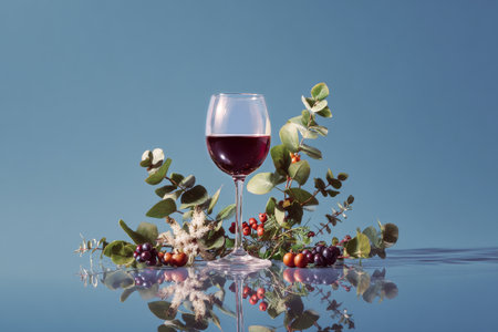 A glass of rich red wine sits elegantly among green leaves, vibrant berries, and a slice of citrus. The bright blue background enhances the colors..の素材