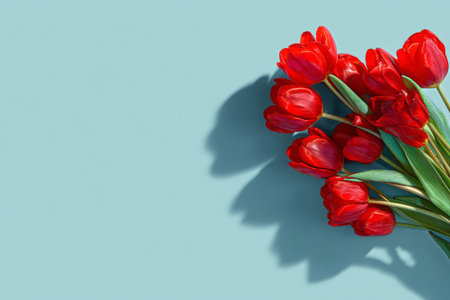 A bouquet of bright red tulips stands out against a light blue background, casting gentle shadows. The flowers show their petals fully opened, creating a pleasing spring scene..の素材