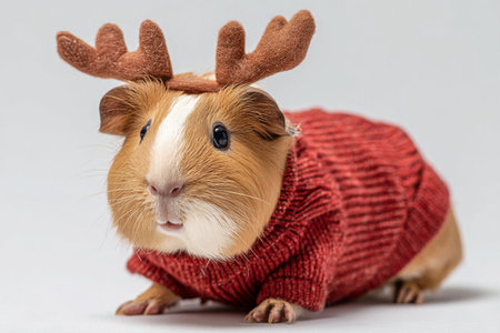 A charming guinea pig dressed in a red sweater and wearing reindeer antlers sits on a light background. It looks playful and ready for holiday celebrations.の素材