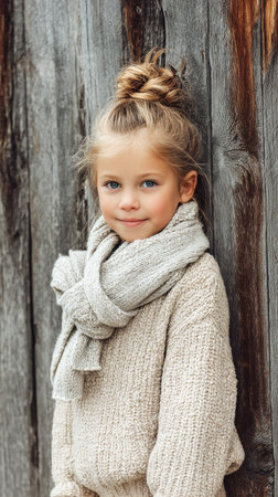 A young child with bright blue eyes is bundled up in a soft, gray sweater. She stands against a weathered wooden backdrop, giving a warm and inviting feel to the scene..の素材