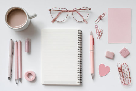 Soft pink stationery is arranged neatly on a desk with a cup of coffee, including pens, paper clips, and a notebook, creating a calm and inspiring workspace.の素材