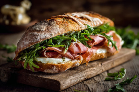 A delicious sandwich is prepared with layers of ham and fresh arugula, resting on a wooden board. Natural setting enhances the appetizing look of this meal.の素材