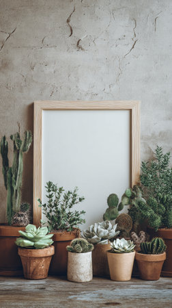 Various succulent plants are arranged in terracotta pots next to a blank wooden frame against a textured wall, creating a peaceful indoor scene with natural elements.の素材