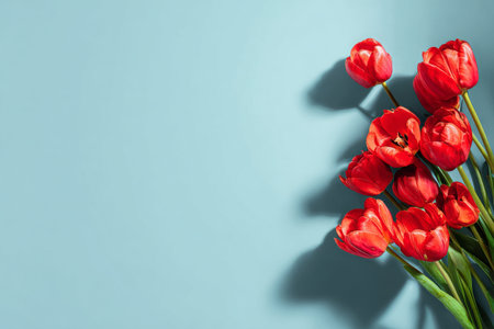 A bunch of bright red tulips is artistically arranged on a soft blue background, showing their vivid color and elegant shape. The simple composition emphasizes their natural beauty..の素材