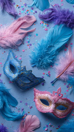 Two sparkling masquerade masks lie among soft pink and blue feathers, surrounded by colorful confetti. The setting is festive and playful, perfect for a celebration..の素材