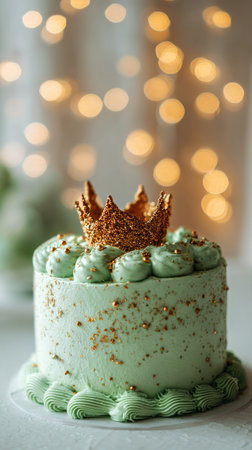 A mint green birthday cake sits on a table, adorned with a golden crown on top. Soft lights twinkle in the background, creating a joyful atmosphere for the celebration.の素材