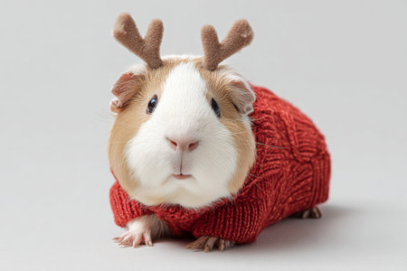 A small guinea pig wearing a cozy red sweater with festive antlers sits on a light background, capturing the spirit of the holiday season with its adorable expression.の素材