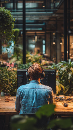 A person sits at a wooden table, focused on their computer screen in a lush indoor garden filled with plants. Bright sunlight filters through the greenery.の素材