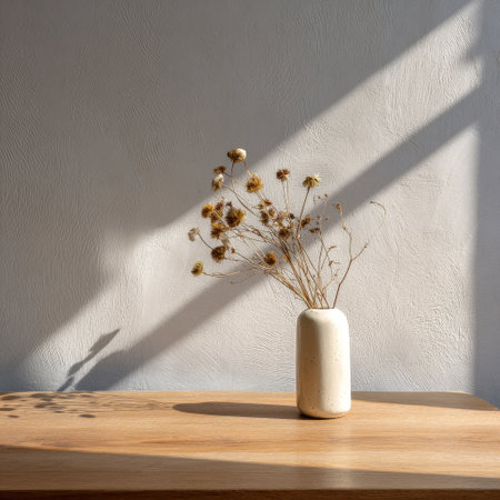 A vase holding dried flowers is displayed on a wooden table. Sunlight shines through a nearby window, casting soft shadows on the wall, creating a warm and inviting atmosphere.の素材