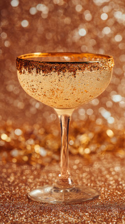A beautifully crafted cocktail rests in a classic glass, radiating bubbles and gold hues against a shimmering backdrop. The scene is perfect for celebration and joy..の素材