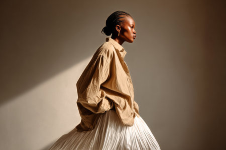 A fashion model stands gracefully with her side profile visible, wearing an oversized shirt and a long, flowy skirt. Soft light enhances the serene atmosphere in the studio.の素材