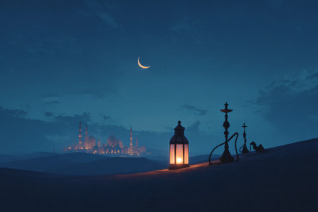 A lantern glows warmly beside a hookah on soft sand. In the background, a majestic mosque is illuminated under the crescent moon and twilight sky.の素材