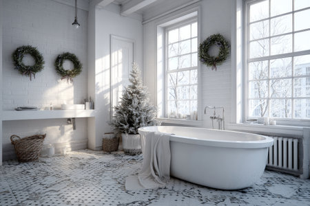 In a bright bathroom during winter, a freestanding bathtub sits beside a decorated Christmas tree. Wreaths hang on the windows, creating a seasonal and serene vibe.の素材