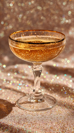 A beautifully crafted cocktail rests in a classic glass, radiating bubbles and gold hues against a shimmering backdrop. The scene is perfect for celebration and joy.の素材